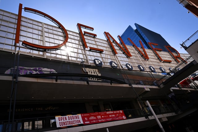 Construction signs tell people that stores are still open in the Denver Pavilions during construction on the 16th Street mall in Denver on May 12, 2025. Work continues on the 16th Street Mall and city officials hope the downtown area will see a rebirth of interest in people coming back downtown. (Photo by Helen H. Richardson/The Denver Post)