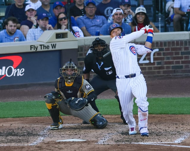 Cubs right fielder Seiya Suzuki watches his solo home run in the fifth inning during the wild-card game against the Padres on Tuesday, Sept. 30, 2025, at Wrigley Field. (Stacey Wescott/Chicago Tribune)