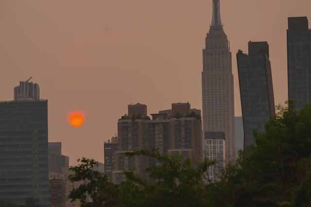 The NYC skyline during an air quality alert from Canadian wildfires.