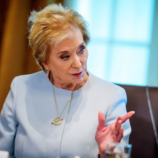Education Secretary Linda McMahon speaks during an April cabinet meeting at the White House. (Photo by Andrew Harnik/Getty Images)