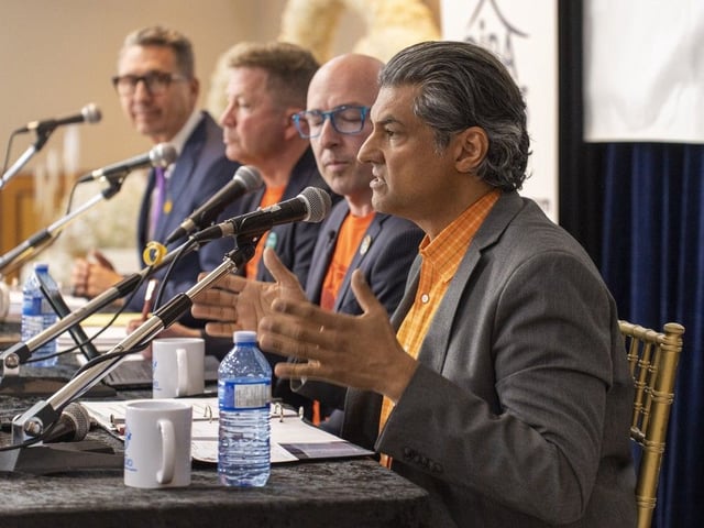 Michael Walters, left, Tim Cartmell, Andrew Knack and Rahim Jaffer take part in My Radio 580 AM's 2025 Edmonton mayoral candidate debate on Tuesday, Sept. 30, 2025, in Edmonton.