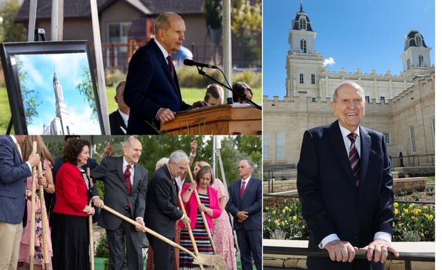 President Russell M. Nelson participates in three temple milestone events — upper left, he speaks at the Heber Valley Utah Temple groundbreaking on Oct 8, 2022; lower left, he participates in the Aug. 27, 2022, groundbreaking for the Ephraim Utah Temple; right, he stands outside the Manti Utah Temple prior to his rededicating the pioneer-era house of the Lord on April 21, 2024.