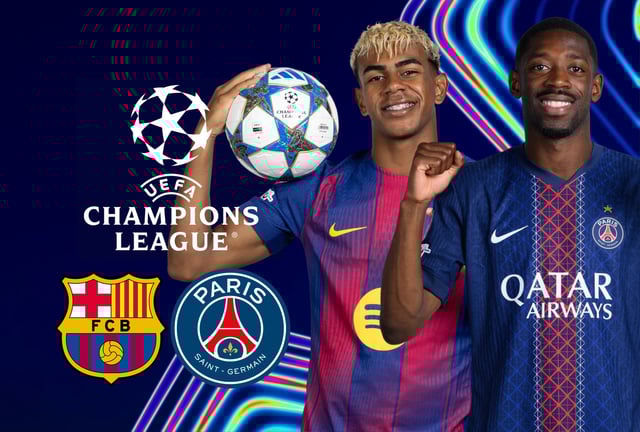 Lamine Yamal en acción frente a Ousmane Dembélé durante el esperado partido Barcelona vs. PSG por la Champions League 2025, un duelo que paraliza a España y al mundo. | Crédito: uefa.com / Composición Mag