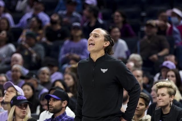 Sep 4, 2025; San Francisco, California, USA;  Dallas Wings head coach Chris Koclanes reacts during the second half against the Golden State Valkyries at Chase Center. Mandatory Credit: John Hefti-Imagn Images/ File Photo