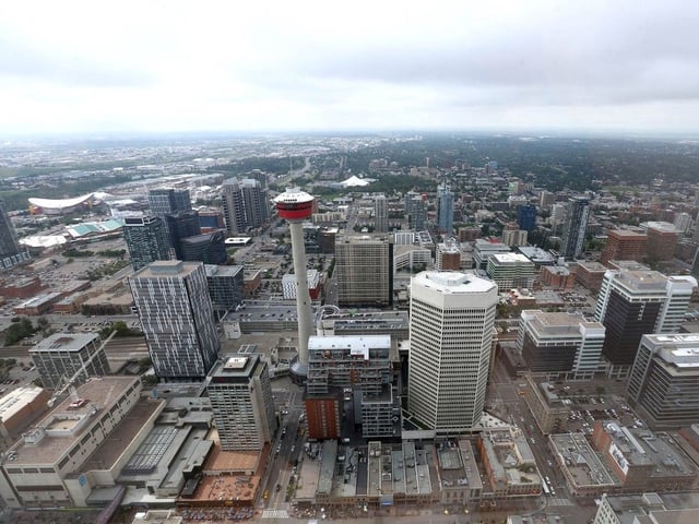  Part of the Calgary skyline looking south showing the Calgary Tower as viewed from the upper floors at the opening of Telus Sky in downtown Calgary on Wednesday, July 6, 2022.