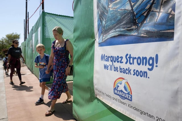 Marquez Elementary students leave campus following their first day back at their home campus since Jan.’s devastating Palisades Wildfire in Pacific Palisades on Tuesday, September 30, 2025. (Photo by Drew A. Kelley, Press-Telegram/SCNG)