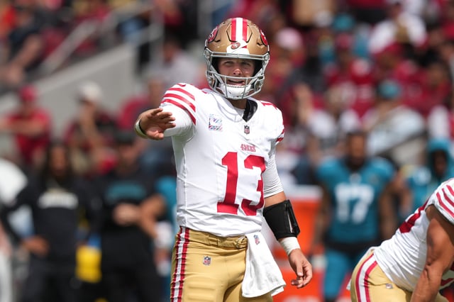 Sep 28, 2025; Santa Clara, California, USA; San Francisco 49ers quarterback Brock Purdy (13) gestures during the first quarter against the Jacksonville Jaguars at Levi's Stadium. Mandatory Credit: Darren Yamashita-Imagn Images/ File Photo