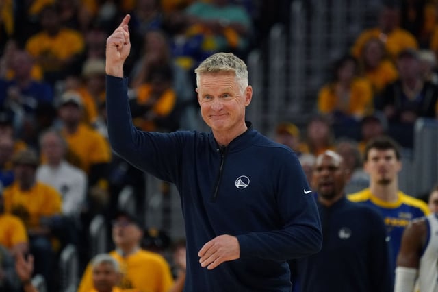 May 10, 2025; San Francisco, California, USA; Golden State Warriors head coach Steve Kerr signals to the players during a game against the Minnesota Timberwolves in the third quarter during game three in the second round of the 2025 NBA Playoffs at Chase Center. Mandatory Credit: David Gonzales-Imagn Images/ File Photo