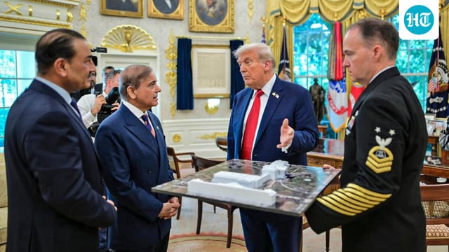  US President Donald Trump during a meeting with Pakistan Prime Minister Shehbaz Sharif and Field Marshal Asim Munir at the White House, in Washington, DC, USA
