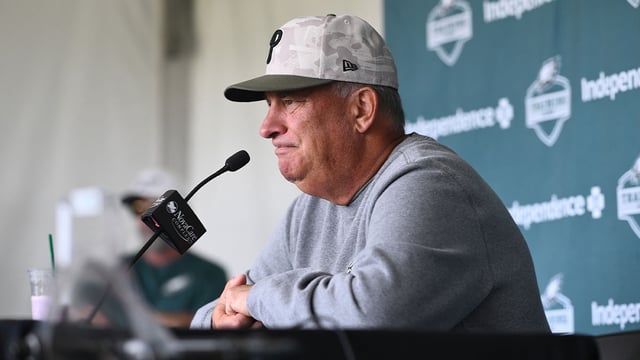 Jul 24, 2025; Philadelphia, PA, USA; Philadelphia Eagles defensive coordinator Vic Fangio addresses media during training camp at NovaCare Complex. Mandatory Credit: Kyle Ross-Imagn Images