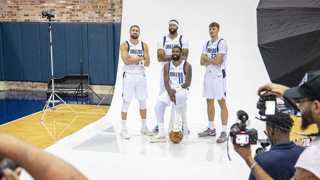 Sep 29, 2025; Dallas, TX, USA; Dallas Mavericks forward Anthony Davis (3) and guard Kyrie Irving (11) and forward Cooper Flagg (32) and guard Klay Thompson (31) pose for a photo during the Mavericks 2025 media day at the American Airlines Center. Mandatory Credit: Jerome Miron-Imagn Images