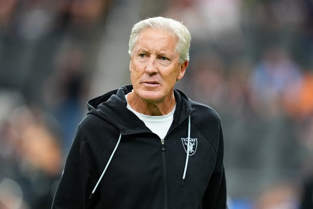 Head coach Pete Carroll of the Las Vegas Raiders looks on before a game against the Chicago Bears at Allegiant Stadium on September 28, 2025 in Las Vegas, Nevada.