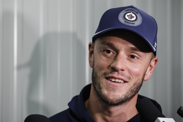 Winnipeg Jets' Jonathan Toews (19) speaks to media after a pre-training camp practice in Winnipeg, Thursday, September 11, 2025. Toews left the game in the scond period against the Minnesota Wild on Tuesday night. He did not return to the game. The Jets lost 3-2 to the Wild. Vladislav   Namestnikov also left the game early after he was hit headfirst into the boards by Yakov Trenin in the third period. 