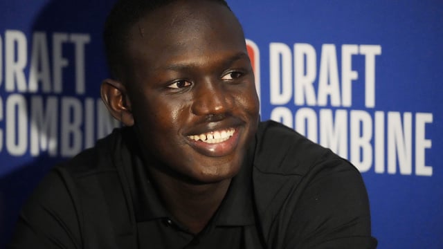 May 14, 2025; Chicago, Il, USA; Khaman Maluach talks to the media during the 2025 NBA Draft Combine at Marriott Marquis Chicago. Mandatory Credit: David Banks-Imagn Images