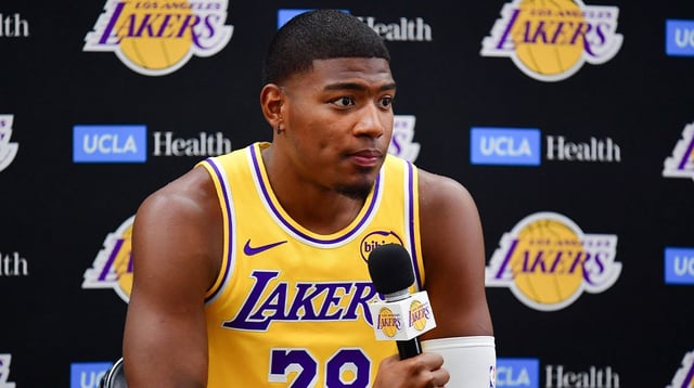 Sep 29, 2025; Los Angeles, CA, USA; Los Angeles Lakers forward Rui Hachimura (28) during media day at UCLA Health Training Center. Mandatory Credit: Gary A. Vasquez-Imagn Images