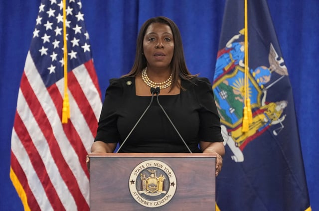 New York Attorney General Letitia James speaks during a press conference following a ruling against former U.S. President Donald Trump ordering him to pay $354.9 million and barring him from doing business in New York State for three years, in the Manhattan borough of New York City, U.S., February 16, 2024. REUTERS/David Dee Delgado/File Photo