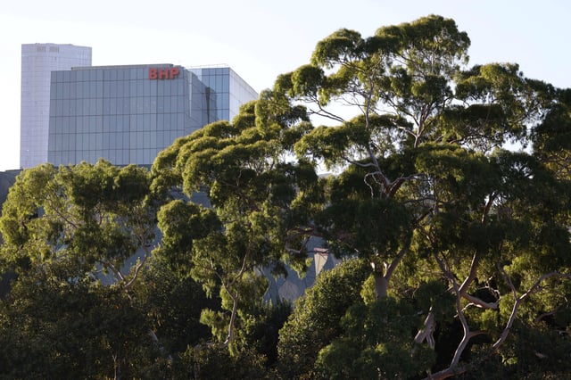 A view shows the BHP Limited logo at their headquarters in Melbourne, Australia, March 24, 2025. REUTERS/Hollie Adams/File Photo