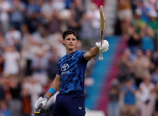 Cricket - Third One Day International - England v South Africa - The Ageas Bowl, Southampton, Britain - September 7, 2025 England's Jacob Bethell celebrates after completing his century Action Images via Reuters/Andrew Couldridge/File Photo
