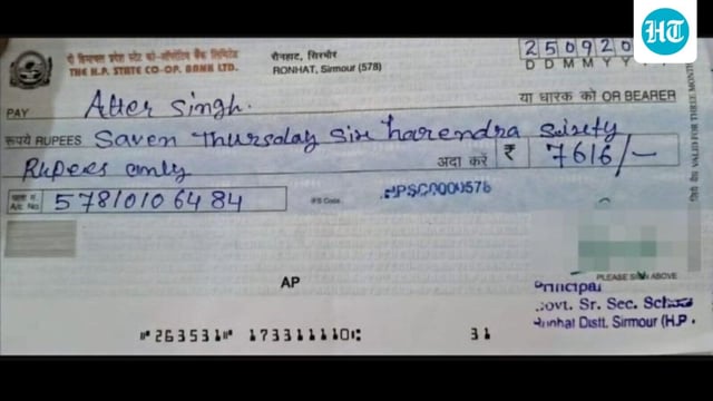 The cheque, dated September 25, was reportedly issued to a mid-day worker, identified as Atter Singh.