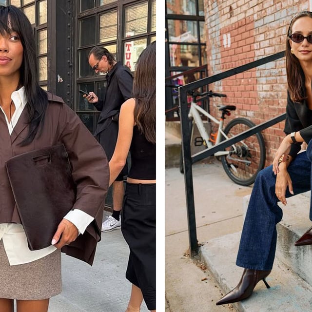 Women in brown jacket and mini skirt; Woman in black sweater and jeans