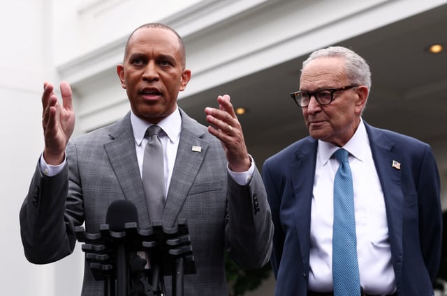 House Minority Leader Hakeem Jeffries, D-New York, speaks with Senate Minority Leader Chuck Schumer, D-New York, after they met with President Donald Trump and Republican leaders on Sept. 29, 2025, at the White House about the government shutdown. Funding for the federal government expires at midnight Sept. 30.