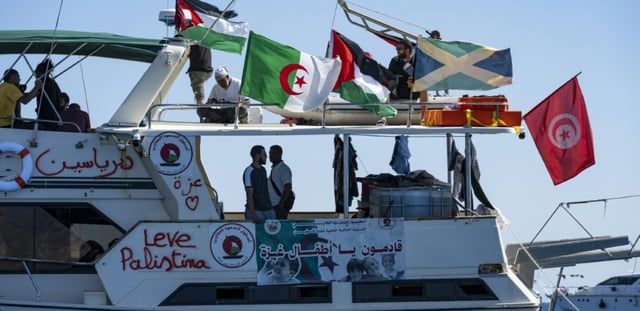 Navire de la flottille pour Gaza, au mouillage le 26 septembre 2025 au sud de la Crète