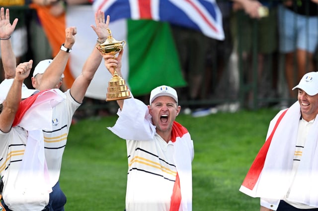 Sep 28, 2025; Bethpage, New York, USA;  Justin Rose during the trophy Ceremony for the Ryder Cup at Bethpage Black. Mandatory Credit: Dennis Schneidler-Imagn Images/File Photo