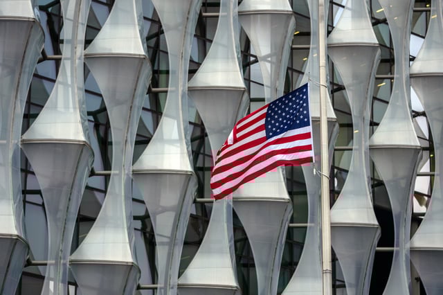 The flag of the USA flies at half mast outside the country's embassy following the death of former president Jimmy Carter, on December 30, 2024 in London, England.