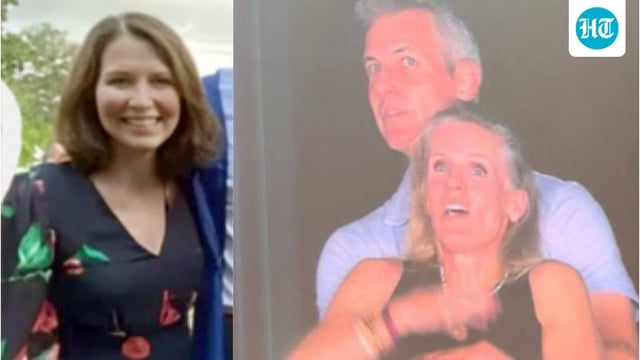 Megan Kerrigan (L, Source: Megan Kerrigan on Facebook) and the 'kiss cam' photo of Andy Byron with Kristine Cabot. 