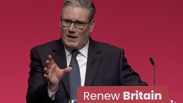 Prime minister Keir Starmer speaking at the Labour conference – a speech in which he did not mention the two-child benefit cap. Image: BBC