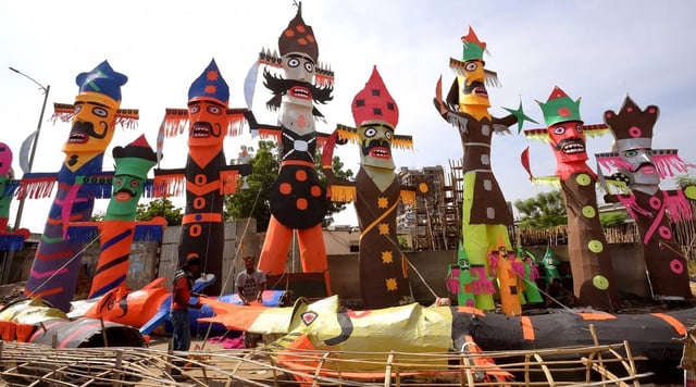 Effigies of Ravana being readied ahead of Dussehra, in Jaipur. (IANS)