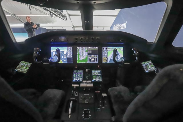 A view of the Harmony Flight Deck in the full-size mock-up of the Gulfstream G300 during the Gulfstream Discover the Difference event on Tuesday, September 30, 2025 at the Gulfstream Research and Development facility in Savannah, Ga..