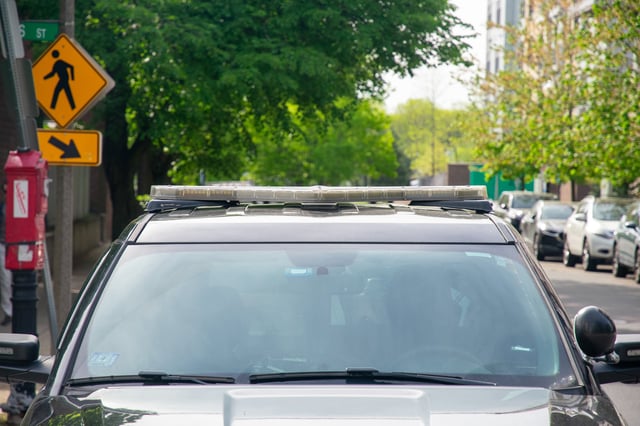 An MBTA Transit Police cruiser parked near Maverick Station in East Boston.