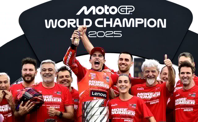 Marc Márquez of Spain riding a Lenovo Ducati celebrates winning the World Championship after finishing in second place at the MotoGP of Japan at Twin Ring Motegi on 28 September 2025. (Photo: Gold & Goose Photography / Getty Images)