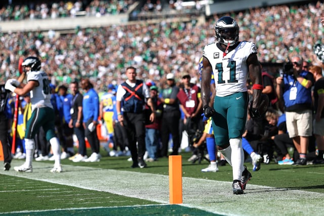 PHILADELPHIA, PENNSYLVANIA - SEPTEMBER 21: A.J. Brown #11 of the Philadelphia Eagles reacts to a long gain during the game against the Los Angeles Rams at Lincoln Financial Field on September 21, 2025 in Philadelphia, Pennsylvania. (Photo by Ishika Samant/Getty Images)