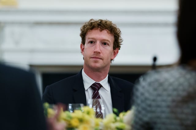 Mark Zuckerberg, chief executive officer of Meta Platforms Inc., during a dinner with tech leaders in the State Dining Room of the White House in Washington, DC, US, on Thursday, Sept. 4, 2025. US President Donald Trump said he would be imposing tariffs on semiconductor imports "very shortly" but spare goods from companies like Apple Inc. that have pledged to boost their US investments. Photographer: Will Oliver/EPA/Bloomberg via Getty Images