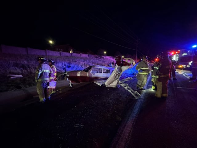 A single-engine plane made an emergency landing on Powers Boulevard in Colorado Springs on Wednesday, Oct. 1, 2025. (Photo provided by the Colorado Springs Fire Department)