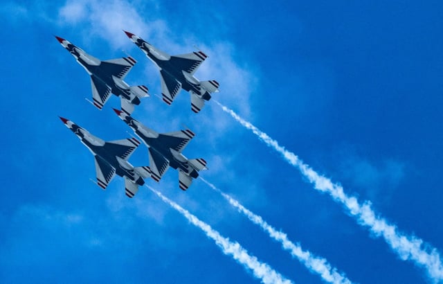 The Thunderbirds fly above the crowds on the beach during the opening day of the 2024 Pacific Airshow in Huntington Beach on Friday, Oct. 4, 2024. (Photo by Mark Rightmire, Orange County Register/SCNG)