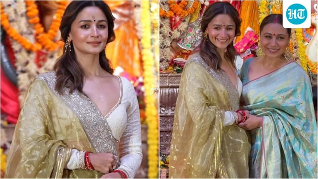 Alia Bhatt stuns in olive aaree at Durga pandal in Mumbai.