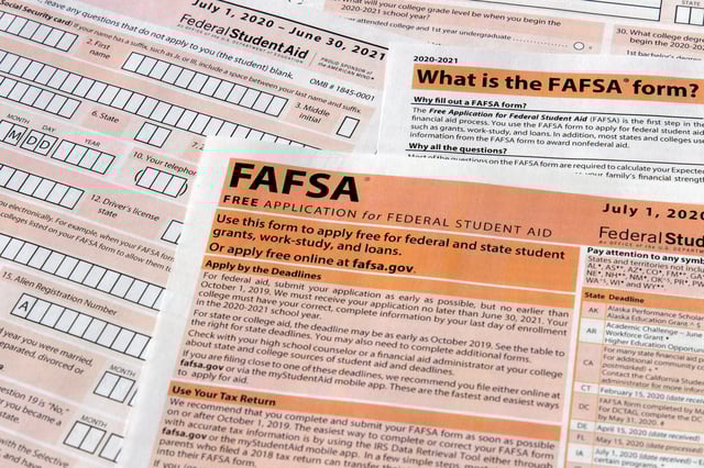 The Free Application for Federal Student Aid (FAFSA) form for financial aid for the time period July 1, 2020, to June 30, 2020, is photographed in Frederick, Md., on Oct. 28, 2019.