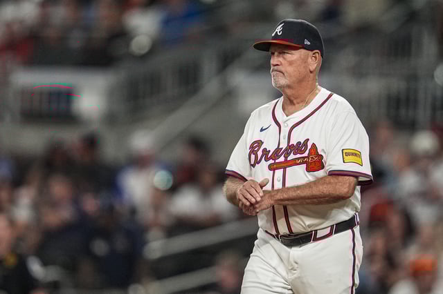 Sep 10, 2025; Cumberland, Georgia, USA; Atlanta Braves manager Brian Snitker (43) on the field against the Chicago Cubs during the eighth inning at Truist Park. Mandatory Credit: Dale Zanine-Imagn Images