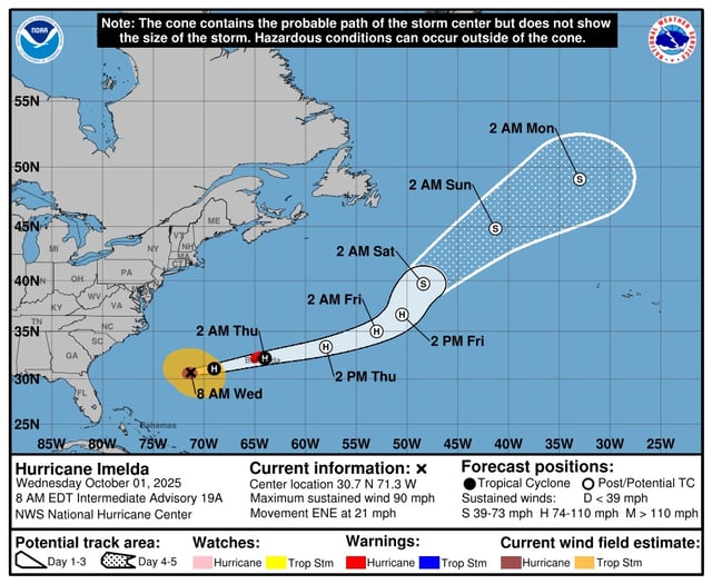 This map shows the National Hurricane Center’s projected path for Hurricane Imelda. 