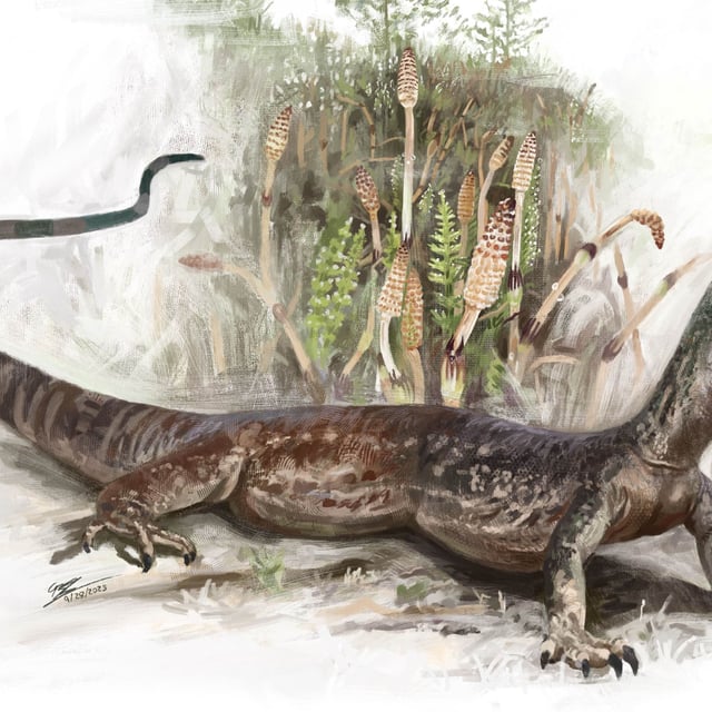 An illustration of Breugnathair elgolensis with its mouth open, showing hooked, snake-like teeth. 