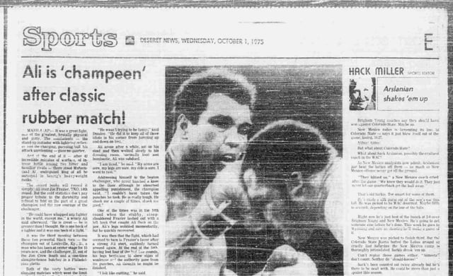 The front page of the Deseret News on Oct. 1, 1975, recapping the "Thrilla in Manila" heavyweight boxing title fight.