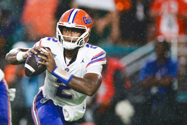 Gators quarterback DJ Lagway scrambles out of the pocket against the Hurricanes at Hard Rock Stadium on Sept. 20, 2025 in Miami Gardens, Florida.  (Photo by Carmen Mandato/Getty Images)