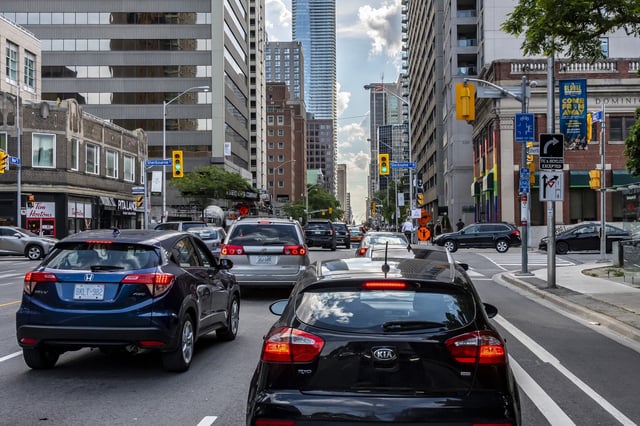 Afternoon traffic congestion on Bloor Street near Sherbourne Street in downtown Toronto during the COVID-19 pandemic on June 25, 2020.