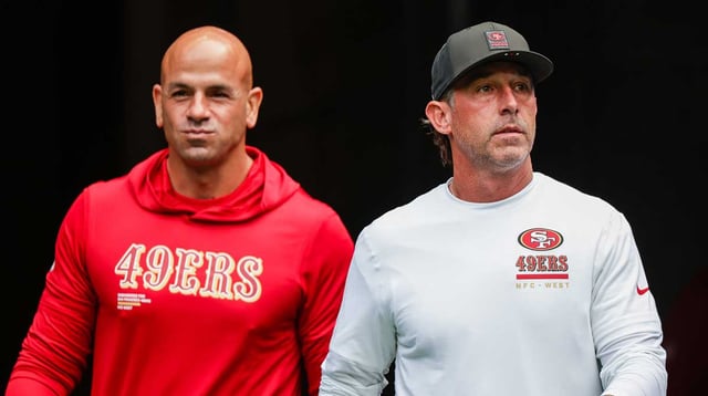 Sep 7, 2025; Seattle, Washington, USA; San Francisco 49ers defensive coordinator Robert Saleh, left, and head coach Kyle Shanahan, right, exit the locker room during pregame warmups against the Seattle Seahawks at Lumen Field. Mandatory Credit: Joe Nicholson-Imagn Images