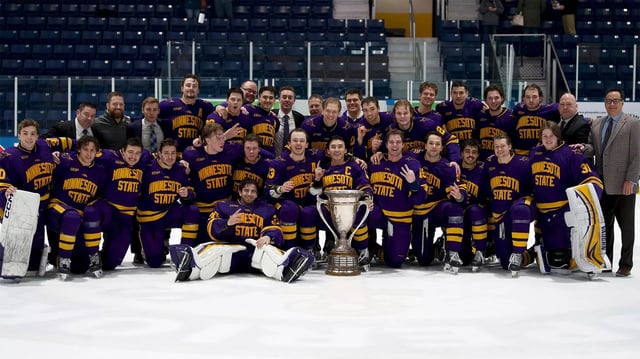Minnesota State captured the 2025 MacNaughton Cup, the trophy awarded to the CCHA regular-season champion, for the seventh time in eight years (photo: Minnesota State Athletics).