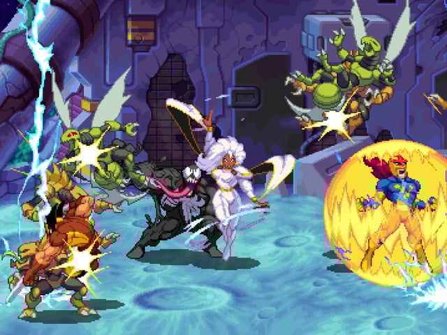 Storm, Nova, Venom, and Wolverine attacking a group of enemies in Marvel Cosmic Invasion. 