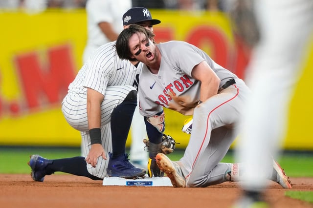 Boston Red Sox Nick Sogard reacts after stretching a single into a double against the New York Yankees during the seventh inning of Game 1 of an American League wild-card baseball playoff series, Tuesday, Sept. 30, 2025, in New York. (AP Photo/Yuki Iwamura)